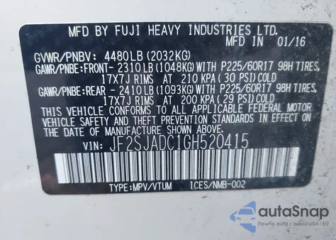 2016 Subaru Forester 2.5I Premium из США, поврежденный, VIN JF2SJADC1GH520415